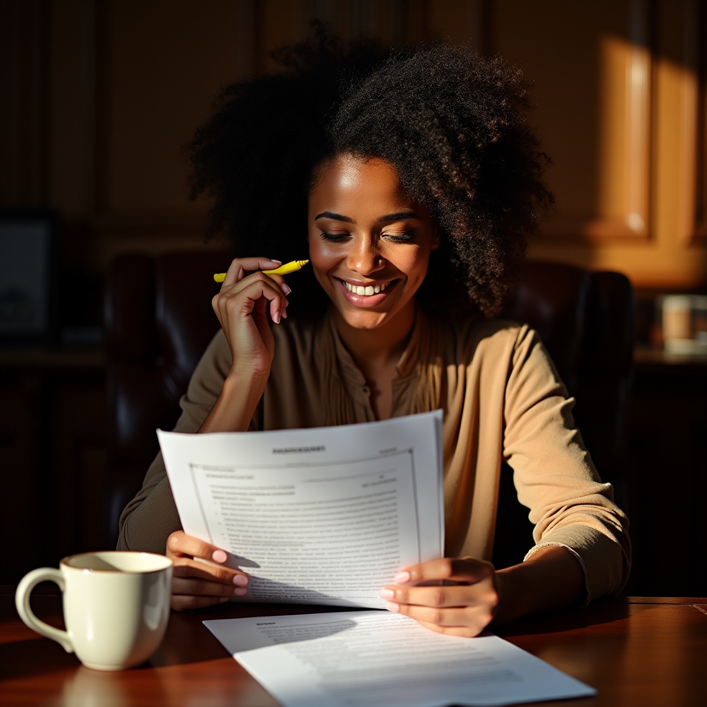 Photographer carefully reading through a printed contract at a wooden desk with coffee nearby