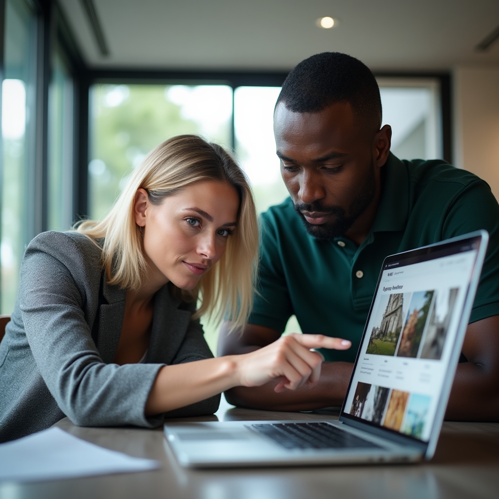 Two photographers looking at a portfolio website displayed on a laptop screen, pointing at design elements