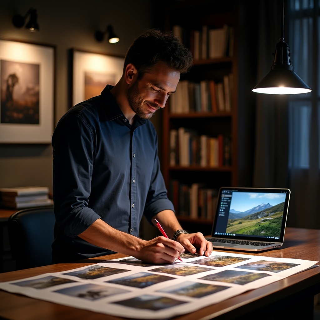 Photographer examining printed photo samples and reviewing stock platform analytics on a laptop