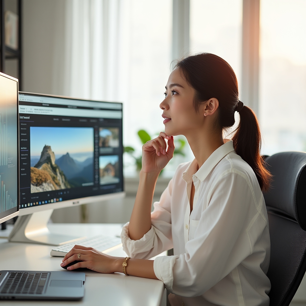 Photographer reviewing their portfolio website on a large monitor in a bright studio space