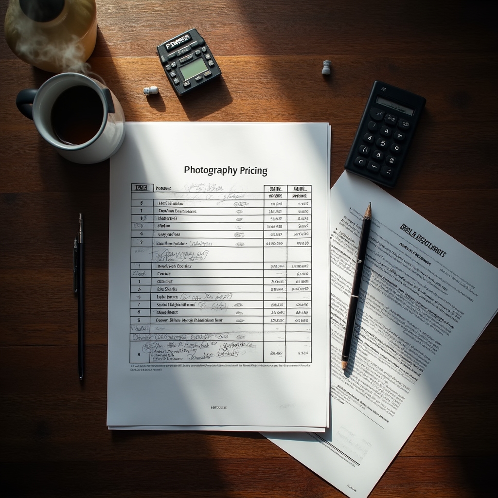 Photographer reviewing pricing documents and contract templates at a desk
