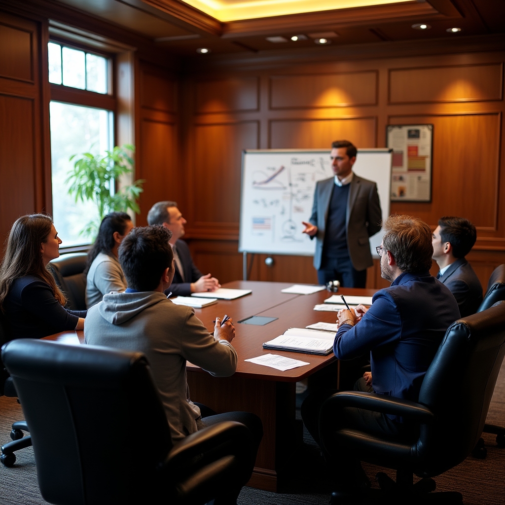 Small group of photographers seated around a table during a workshop discussion in a well-lit studio room