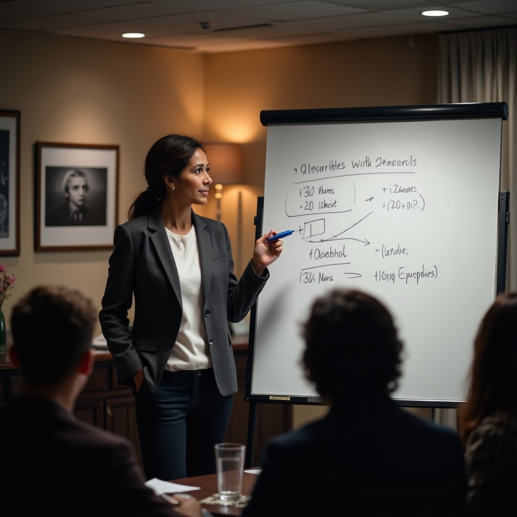 Workshop instructor standing at a whiteboard explaining pricing frameworks to a small group of attentive photographers
